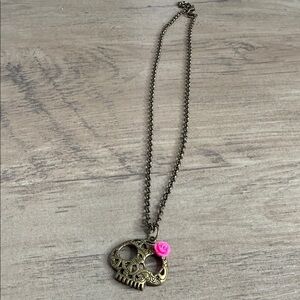 Antique Brass Sugar Skull Pendant Necklace with Pink Acrylic Rose